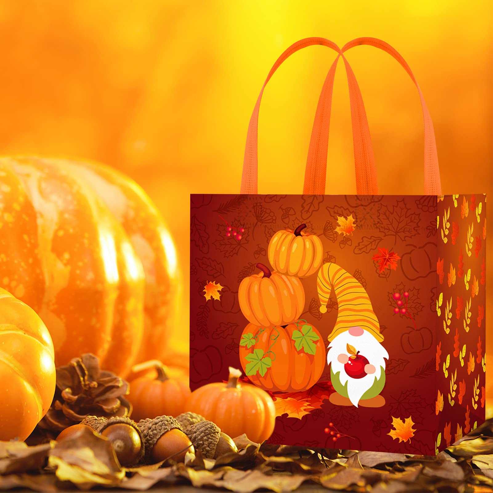 HOWAF 12Pcs Happy Thanksgiving Non-Woven Bags, Thanksgiving Party Favor Bags with Handle, Give Thanks Maple Leaves Pumpkin Treat Bags, Fall Themed Candy Goodie Bags for Thanksgiving Day Supplies