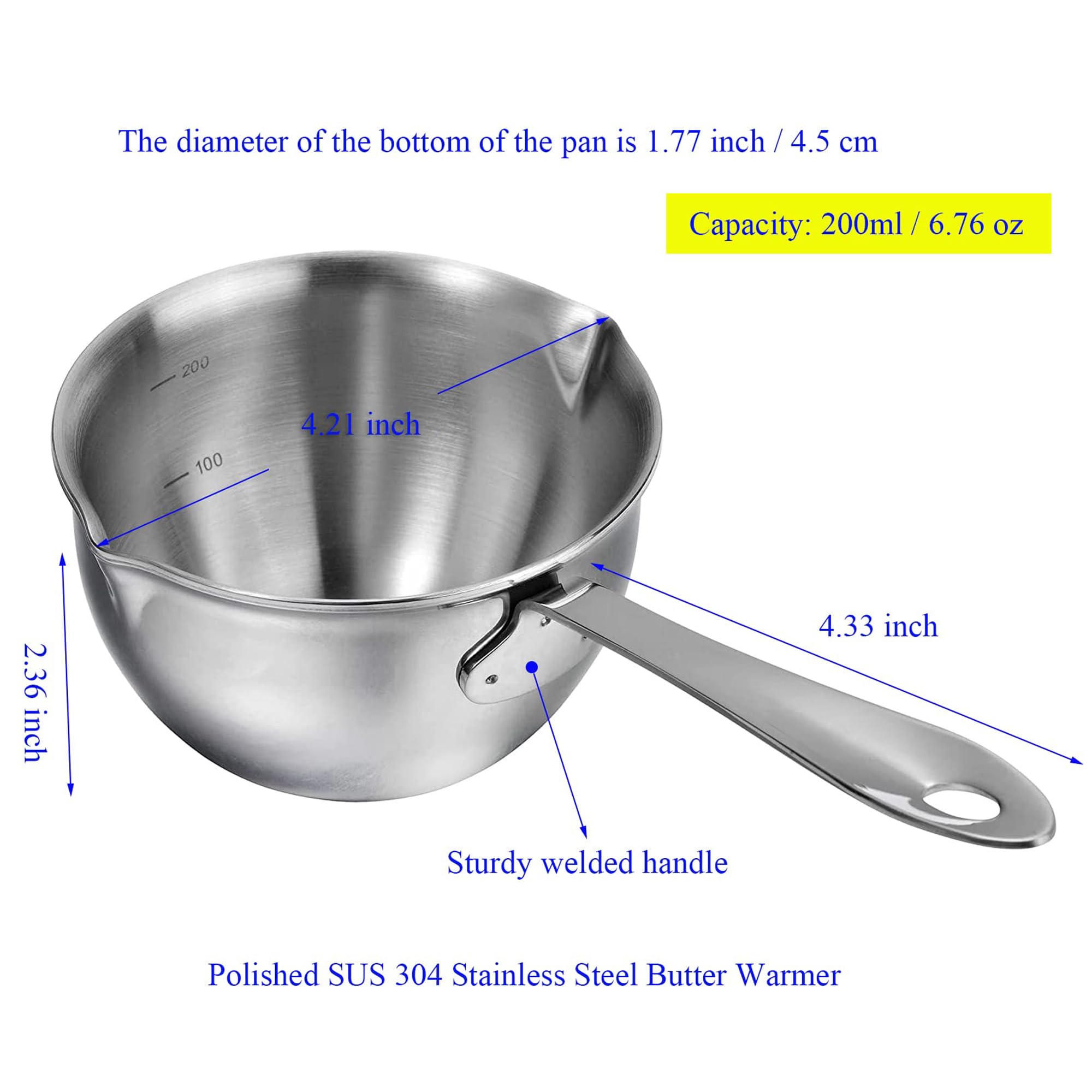 BOHK 6.76 Oz Mini Butter Warmer Stainless Steel Small Melting Pot For Stove Top 0.2 Quart