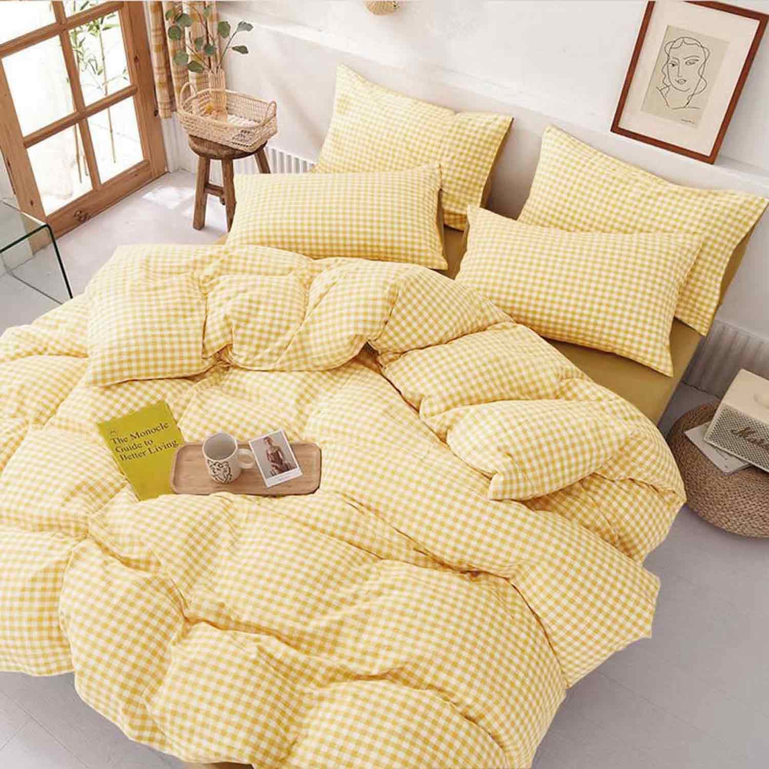 ETDIFFE Yellow Comforter Set Queen Size, 3 Piece Farmhouse Gingham Grid Bed Set - Soft and Lightweight Buffalo Checkered Plaid Microfiber Down Alternative Comforter (90x90) for Kids Girls