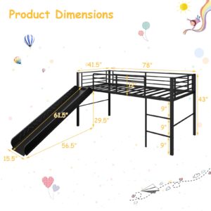 Giantex Twin Loft Bed with Slide, Metal Low Bunk Bed w/Safety Guardrails & Built-in Ladder, Toddler Bed Floor Frame for Boys & Girls, No Box Spring Needed (Black)