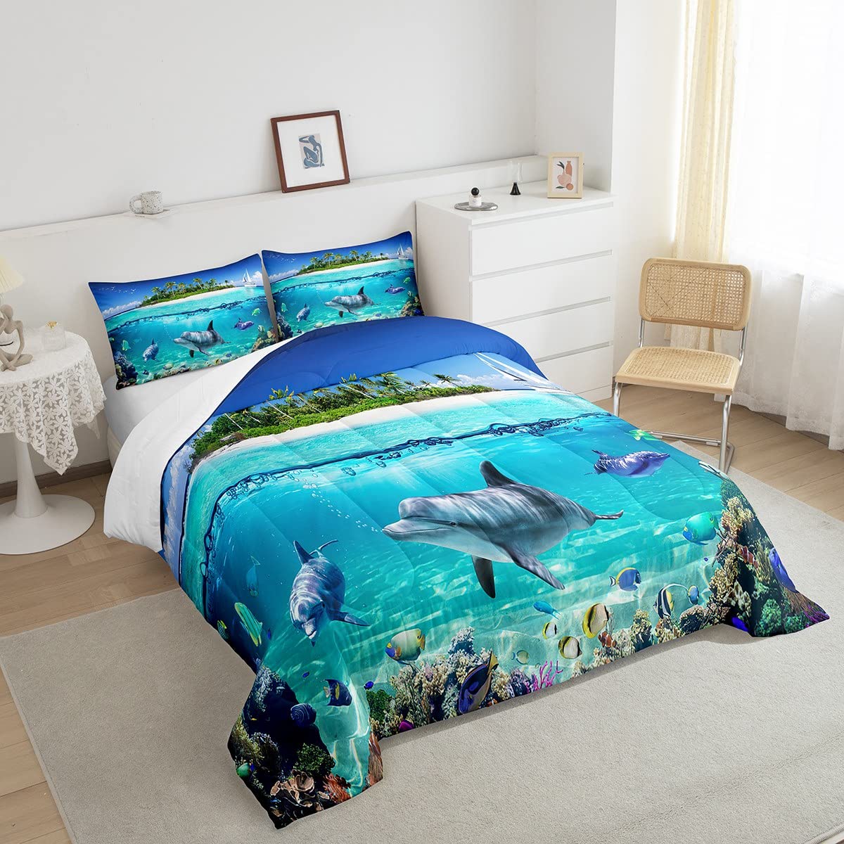 Dolphin Bedding Set Kids Cute Ocean Animal Comforter Set Boys Girls Hawaiian Sealife Decor Comforter Beach Aquarium Duvet Set Quilt Full Size Boys