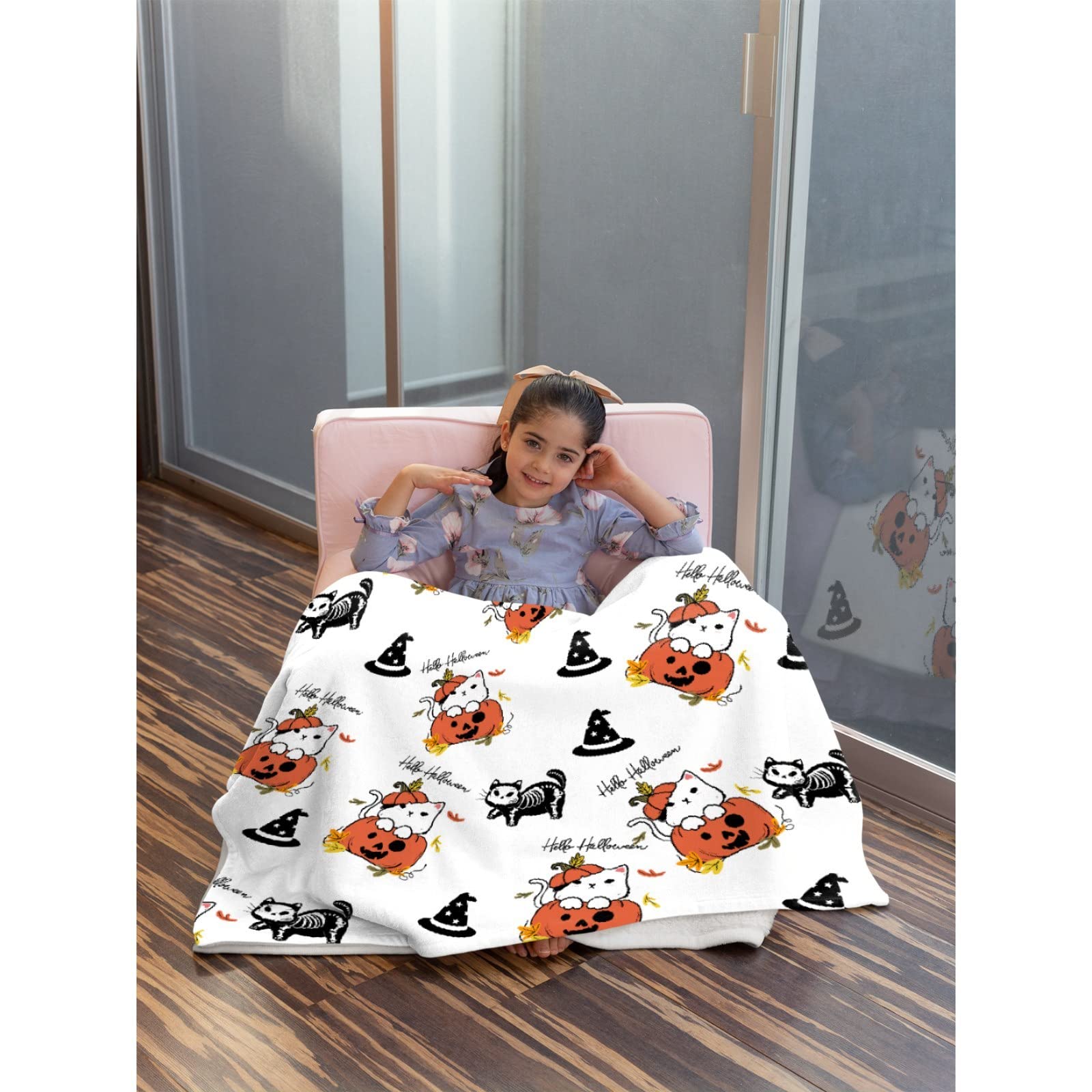 Halloween Pumpkin Cute Cat Skeleton Blanket Microfiber Flannel Throw Lightweight Super Soft Cozy Blankets for Couch Bed Sofa Chair, Gift for Birthday Thanksgiving Halloween 50"x40"for Kids