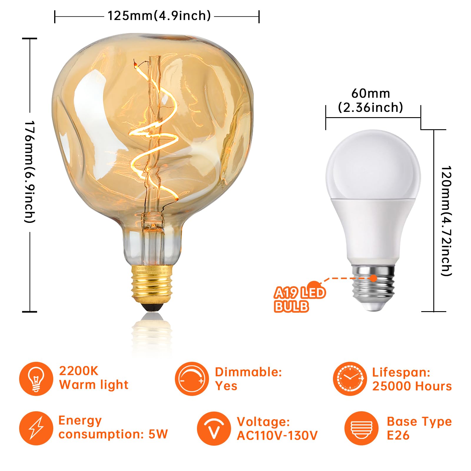 OMED S125 Oversized LED Edison Bulb Large, 5 Watt 400 Lumens 2200k Warm Yellow Large Edison Light Bulb, Amber Glass Decorative Large Globe Dimmable E26 Bulbsfor Pendant Lighting, 1 Pack