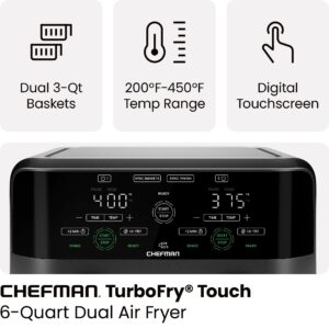 Chefman 6 Quart Dual Basket Air Fryer - Digital Touchscreen, Smart Sync Finish, Hi-Fry, Auto Shutoff, 2 Independent 3QT Nonstick Dishwasher-Safe Frying Baskets - Digital Double Air Fryer - Black