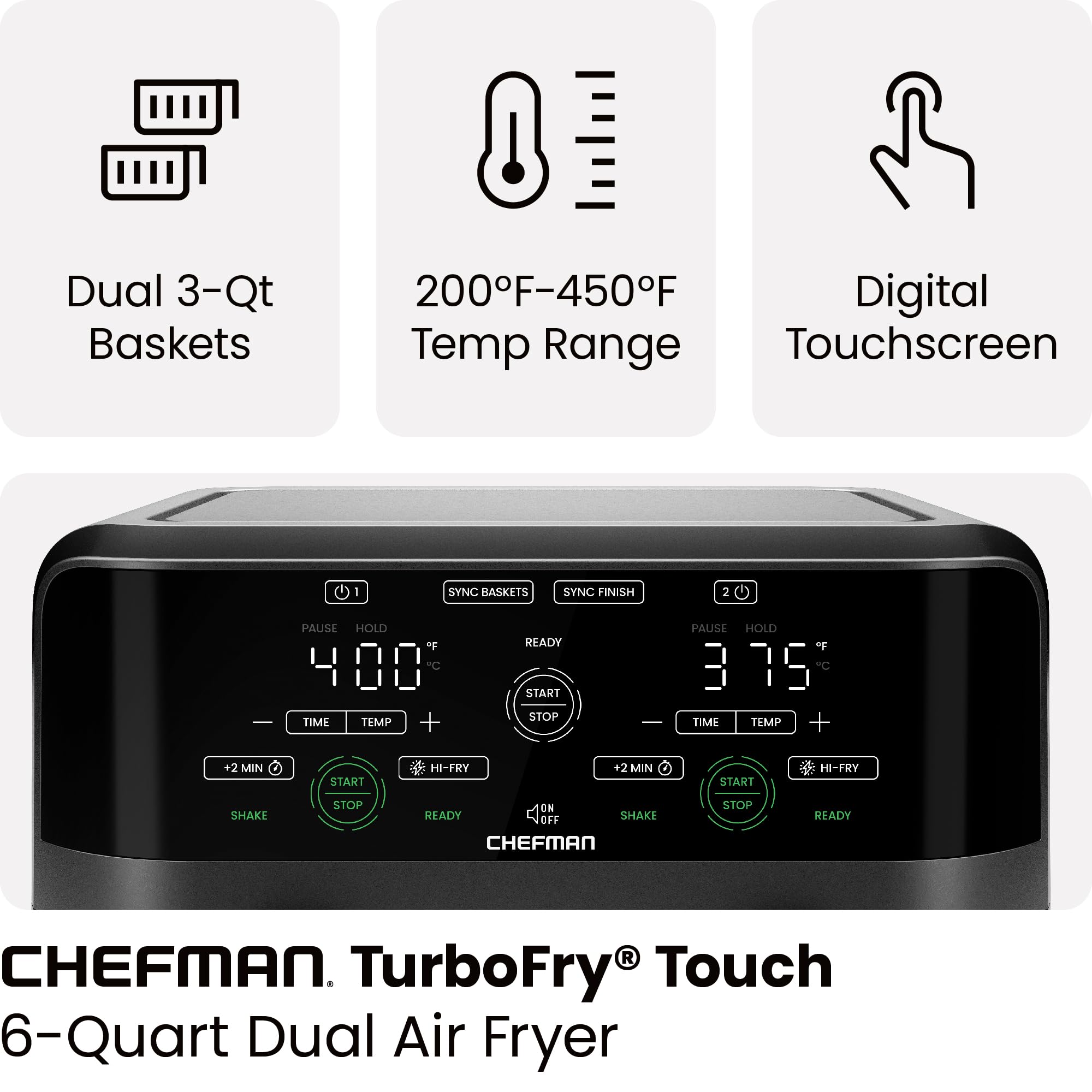 Chefman 6 Quart Dual Basket Air Fryer - Digital Touchscreen, Smart Sync Finish, Hi-Fry, Auto Shutoff, 2 Independent 3QT Nonstick Dishwasher-Safe Frying Baskets - Digital Double Air Fryer - Black