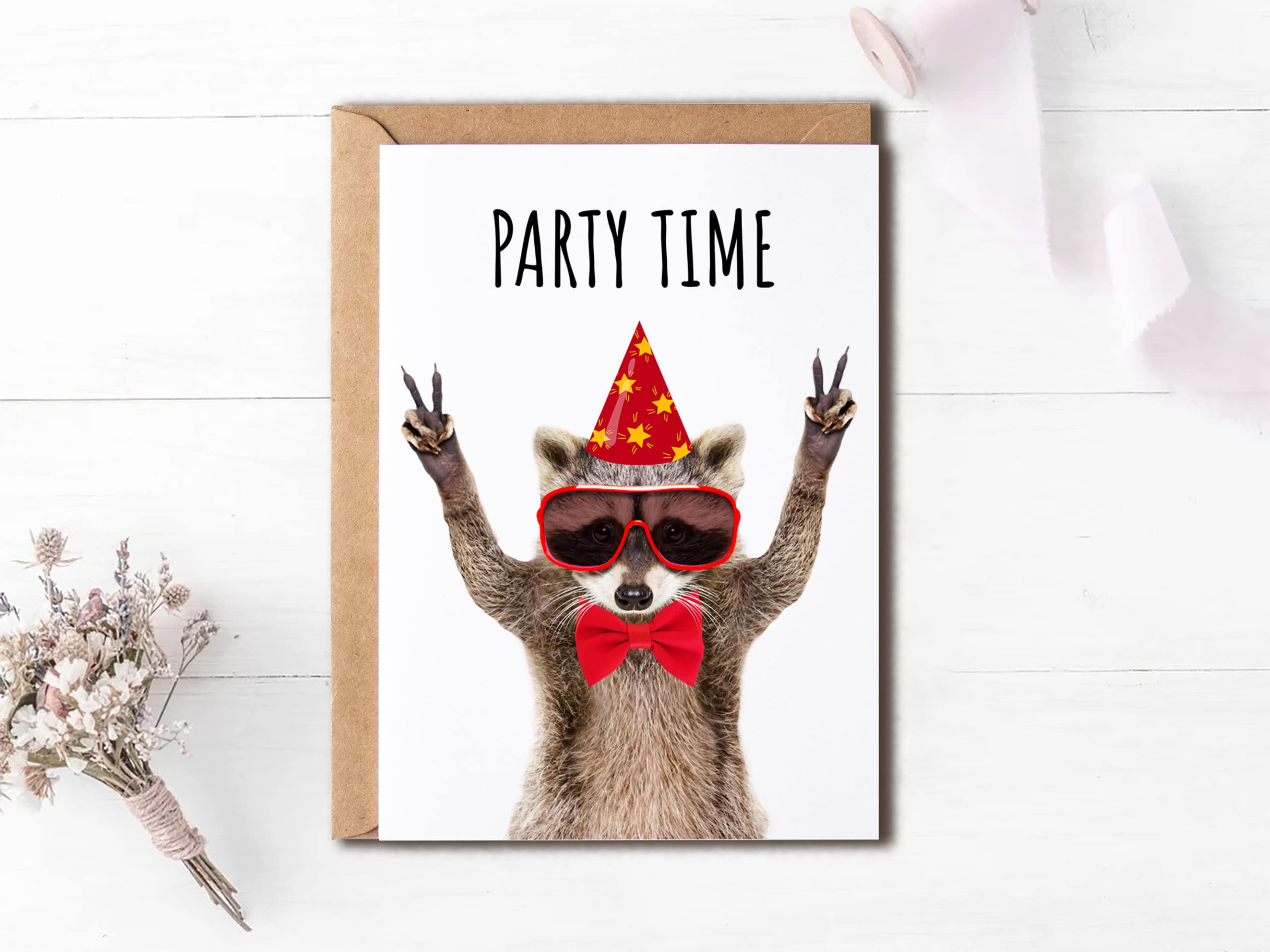 OystersPearl Party Time Birthday Card - Graduation Card Promotion Card Congratulations Portrait Of A Funny Raccoon - Birthday Greeting Card., 5 x 7 inches