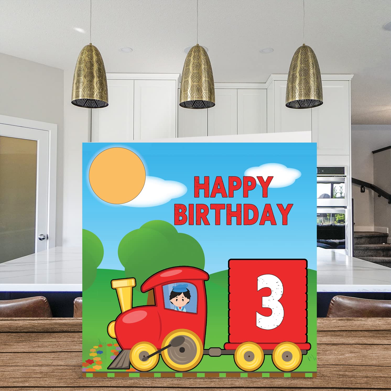 3rd Birthday Card Unisex - Train - Happy Birthday Card for 3 Year Old Son Daughter Brother Sister Grandson Granddaughter Niece Nephew Cousin, 5.7 x 5.7 Inch Birthday Greeting Card