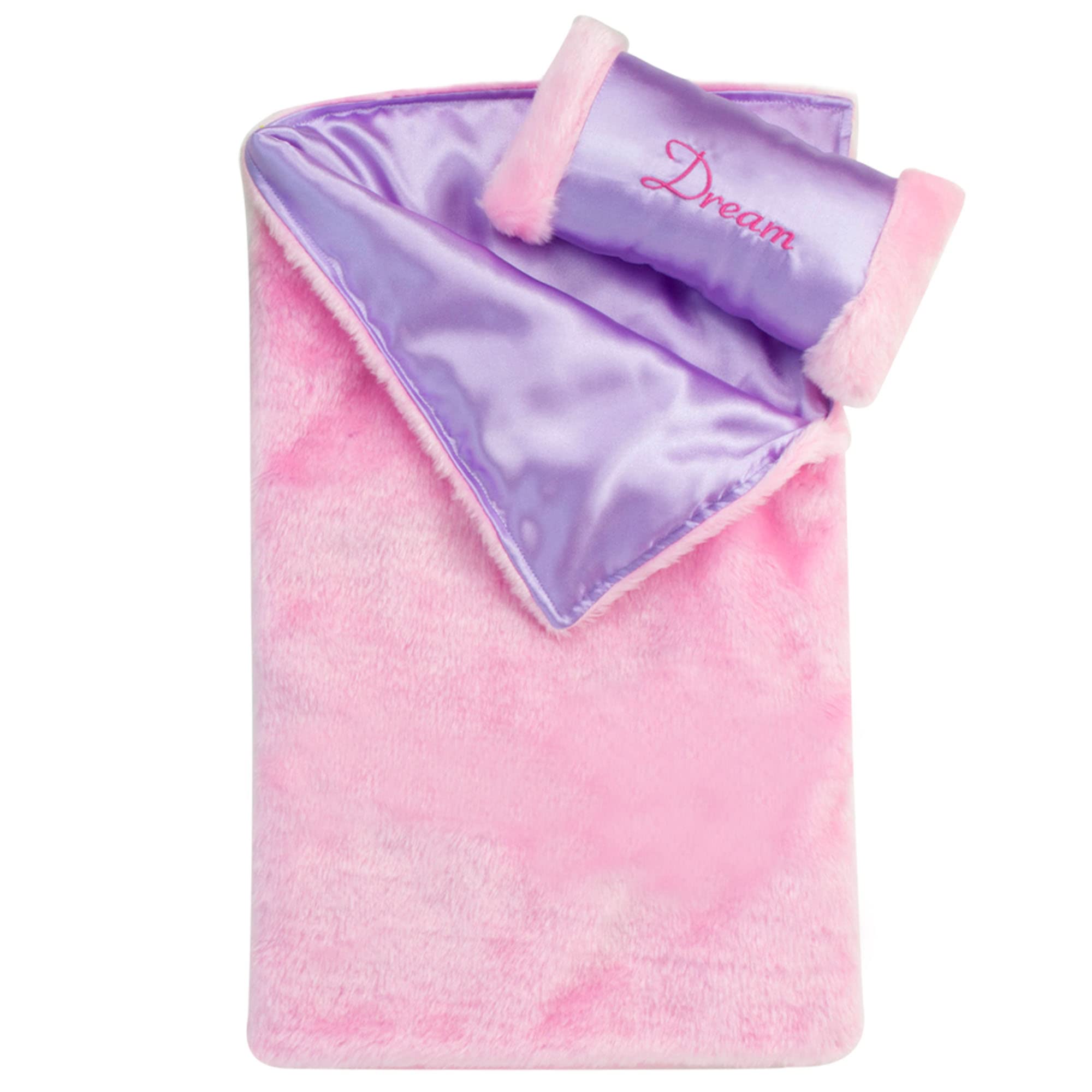 Sophia's Fur and Satin Sleeping Bag and Dream Embroidered Pillow for 18 Inch Dolls, Pink/Purple