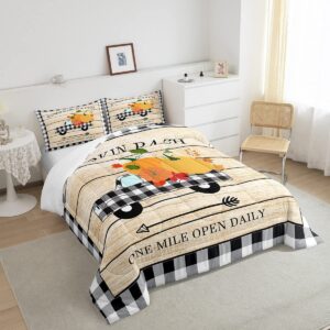 Homewish Pumpkin Grid Truck Bedding Set Queen Size,Rustic Farmhouse Comforter Set Kids Boys Girls Room Decor,Autumn Plants Themed Quilt Set Halloween Style Duvet Insert 3pcs with 2 Pillowcases