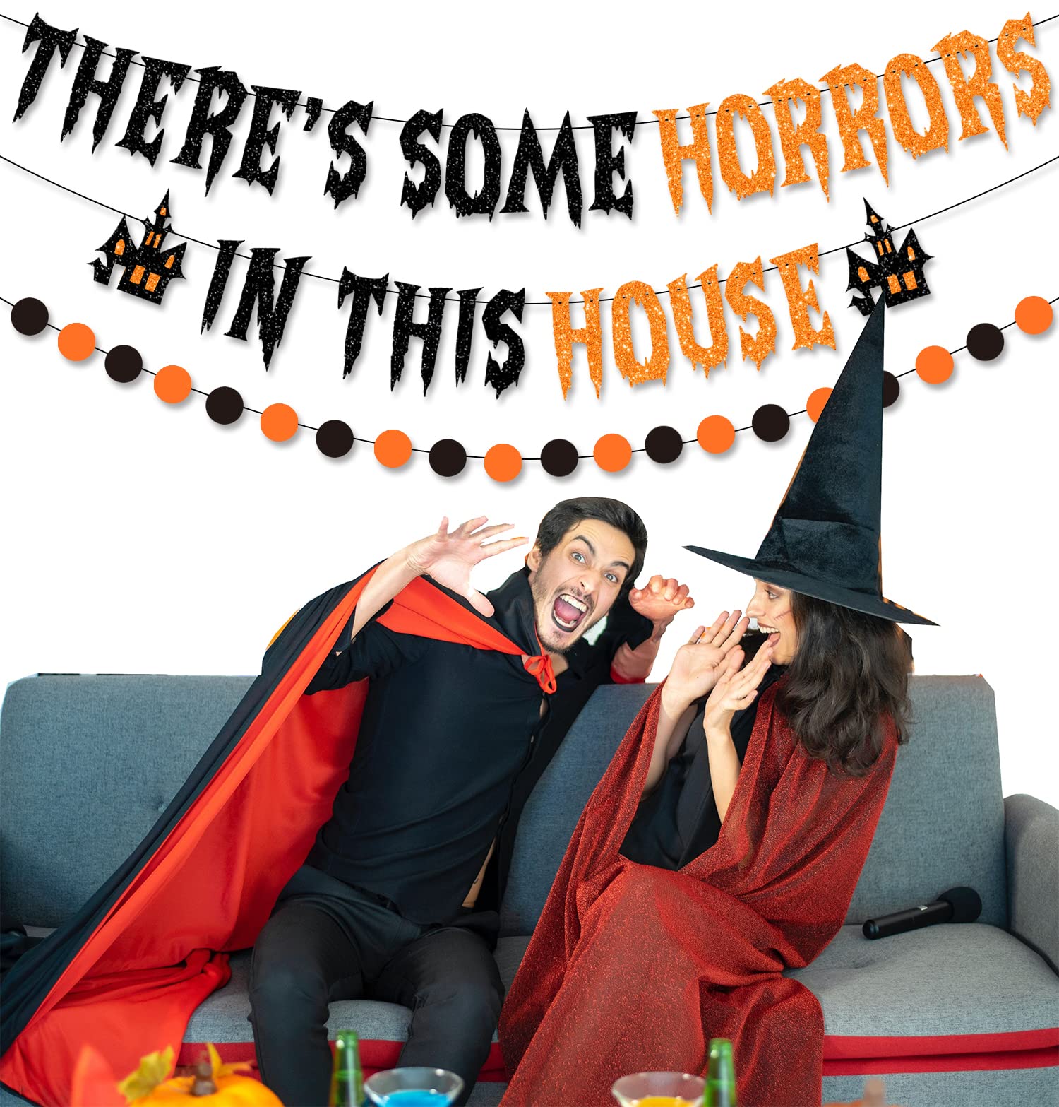 PTFNY There's Some Horrors In This House Banner Halloween Party Decorations Glittery Halloween Garland Banner with Haunted House Signs Halloween Circle Dots Banner for Haunted Houses Home Decorations