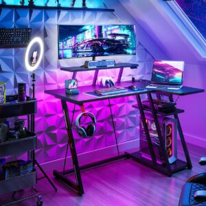 MOTPK Small Gaming Desk with LED Lights & Power Outlets, 39 Inch L Shaped Gaming Computer Desk with Storage Shelf, Gamer Desk with Monitor Stand, PC Gaming Table with Carbon Fiber Texture, Black