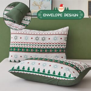 Cottolester Christmas Duvet Cover Queen Size Christmas Tree Snowflake Bedding Set Striped Duvet Cover Lightweight Soft Microfiber Bedding Set(Green,3PC)