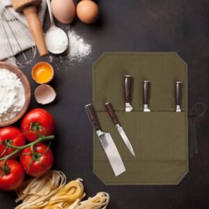 Kaaltisy Knife Roll Bag, 16oz Waxed Canvas Chef Knife Bag with 5 Slots, Specialized Anti Cutting Fabric Knife Holder with Tie Rope | Army Green