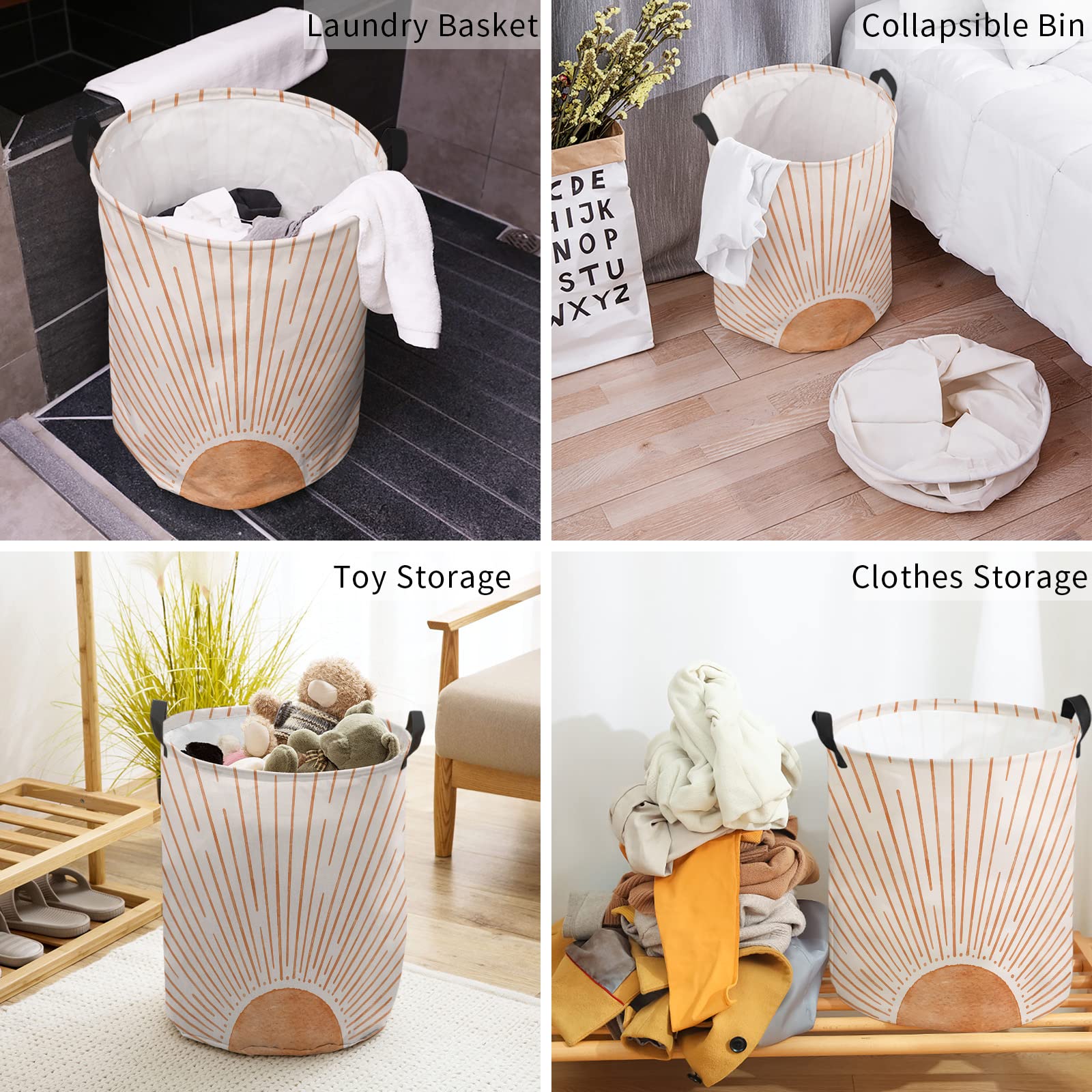 Laundry Baskets Mid Century Terracotta Sun Lines, Collapsible Waterproof Laundry Hamper Dirty Clothes Basket with Handle, Storage Bag for Bathroom/Bedrooom Modern Minimal Art