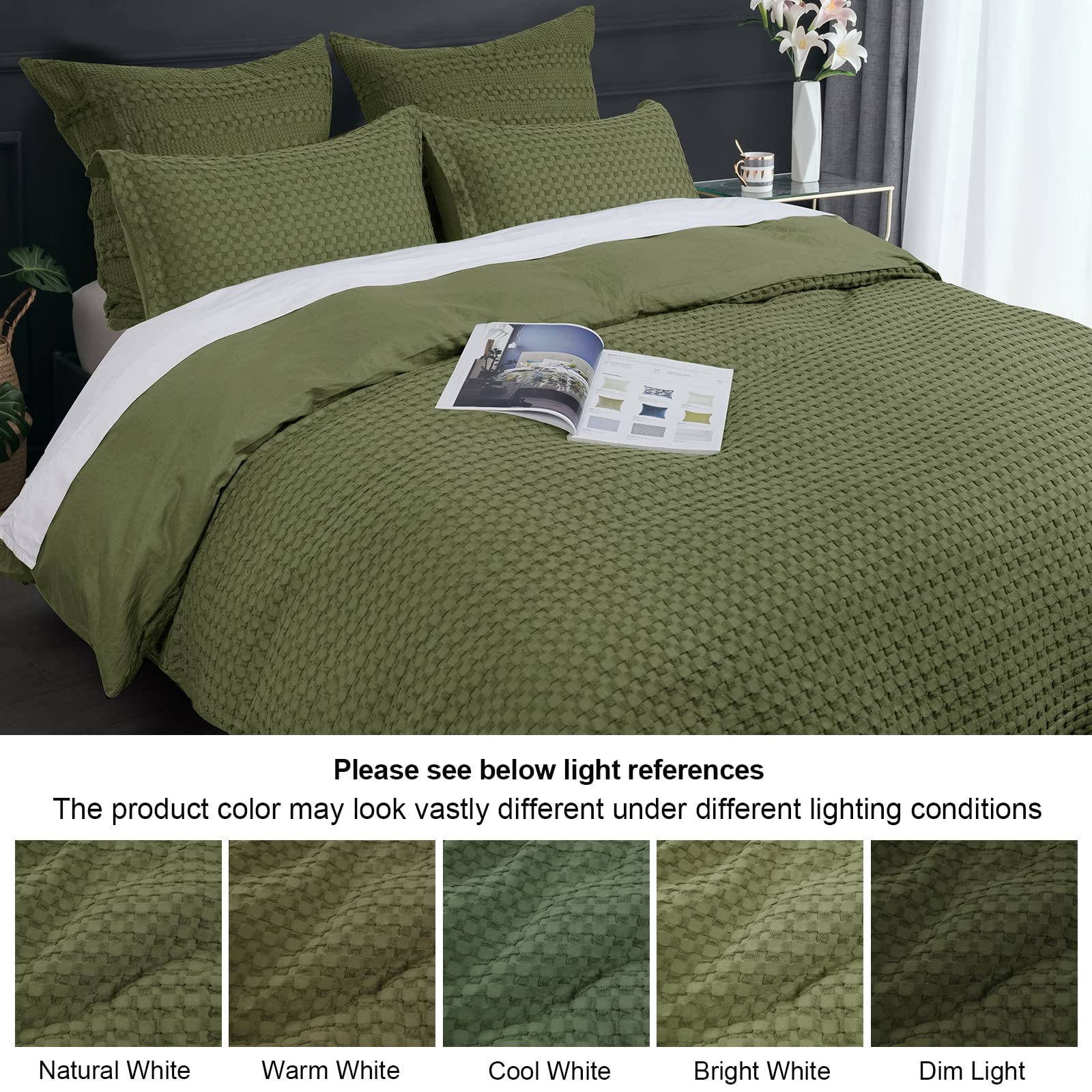 PHF 100% Cotton Waffle Duvet Cover King, Ultra Soft Skin-Friendly Duvet Cover Set for All Season, Luxury Decorative Textured Comforter Cover with Pillow Shams Bedding Collection, 104"x90", Olive Green