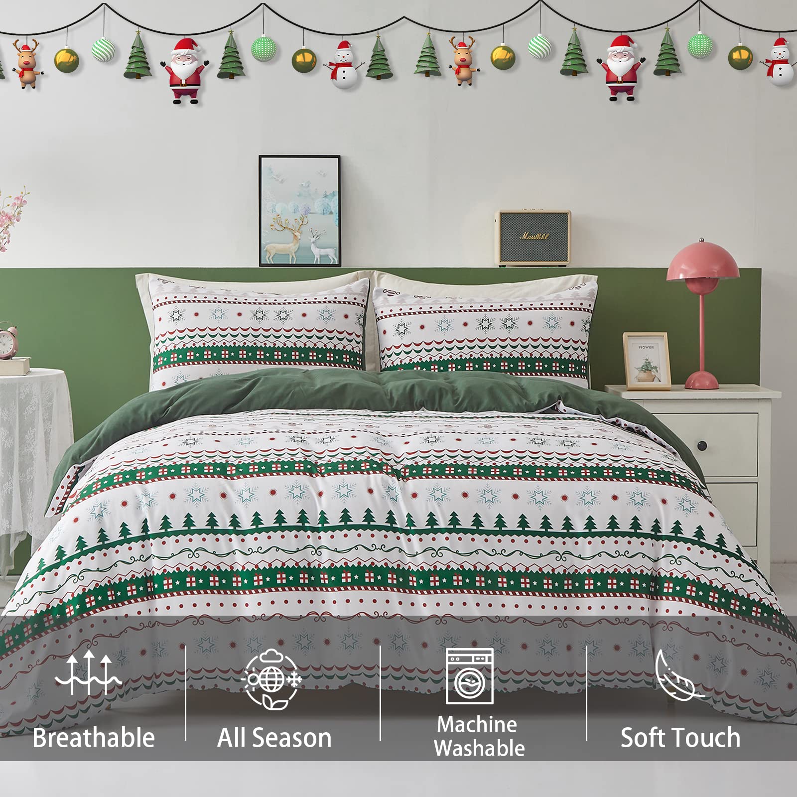 Cottolester Christmas Duvet Cover Queen Size Christmas Tree Snowflake Bedding Set Striped Duvet Cover Lightweight Soft Microfiber Bedding Set(Green,3PC)