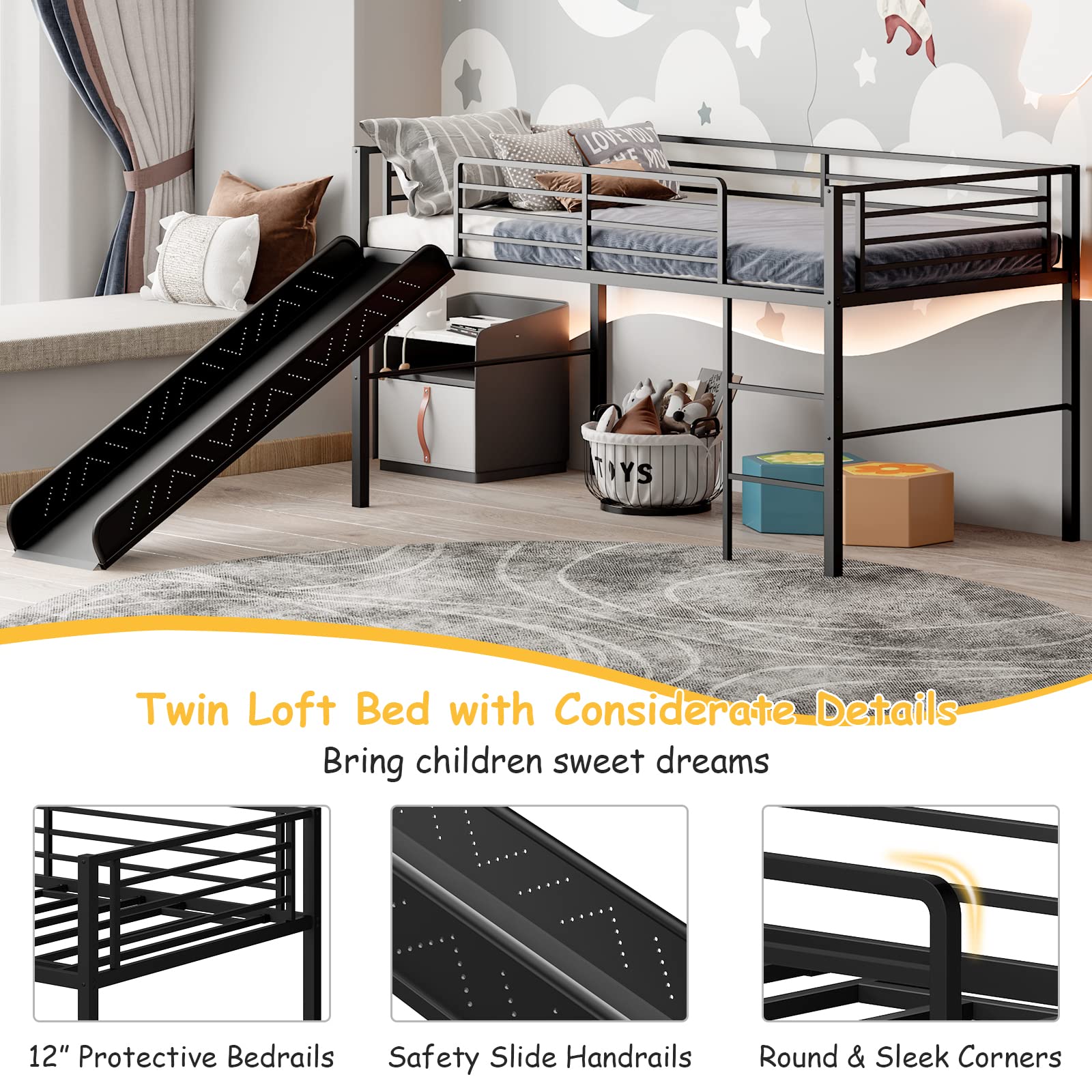 Giantex Twin Loft Bed with Slide, Metal Low Bunk Bed w/Safety Guardrails & Built-in Ladder, Toddler Bed Floor Frame for Boys & Girls, No Box Spring Needed (Black)