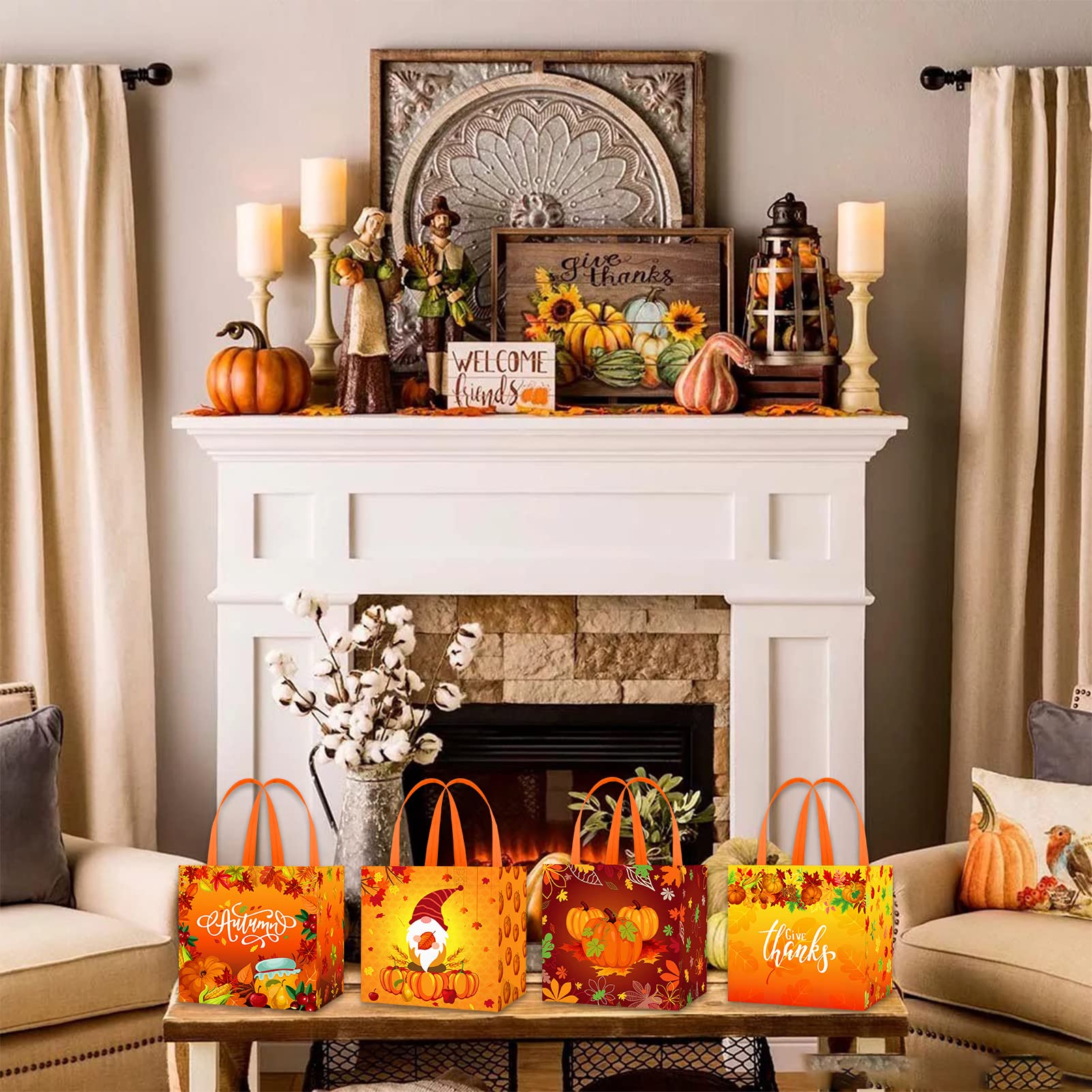 HOWAF 12Pcs Happy Thanksgiving Non-Woven Bags, Thanksgiving Party Favor Bags with Handle, Give Thanks Maple Leaves Pumpkin Treat Bags, Fall Themed Candy Goodie Bags for Thanksgiving Day Supplies