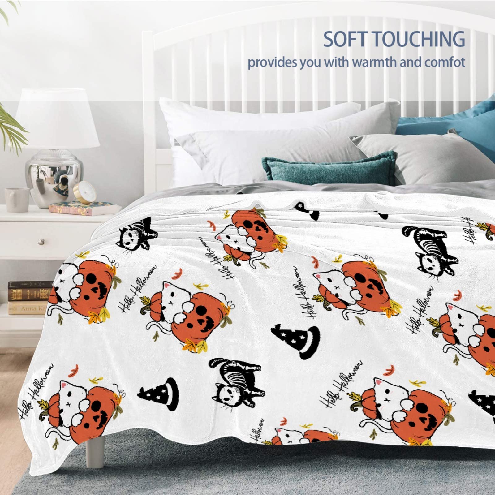 Halloween Pumpkin Cute Cat Skeleton Blanket Microfiber Flannel Throw Lightweight Super Soft Cozy Blankets for Couch Bed Sofa Chair, Gift for Birthday Thanksgiving Halloween 50"x40"for Kids