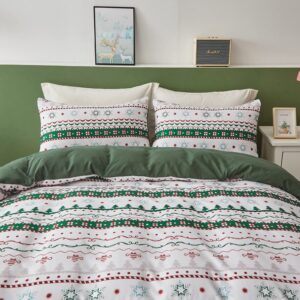 Cottolester Christmas Duvet Cover Queen Size Christmas Tree Snowflake Bedding Set Striped Duvet Cover Lightweight Soft Microfiber Bedding Set(Green,3PC)