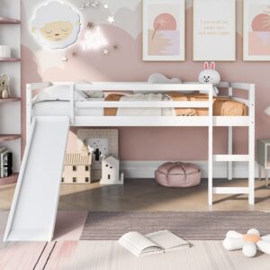 harper & bright designs kids loft bed with slide,twin size low loft beds for girls boys solid pine wood toddler loft bed with ladder and guard rails,white