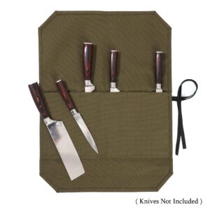 Kaaltisy Knife Roll Bag, 16oz Waxed Canvas Chef Knife Bag with 5 Slots, Specialized Anti Cutting Fabric Knife Holder with Tie Rope | Army Green