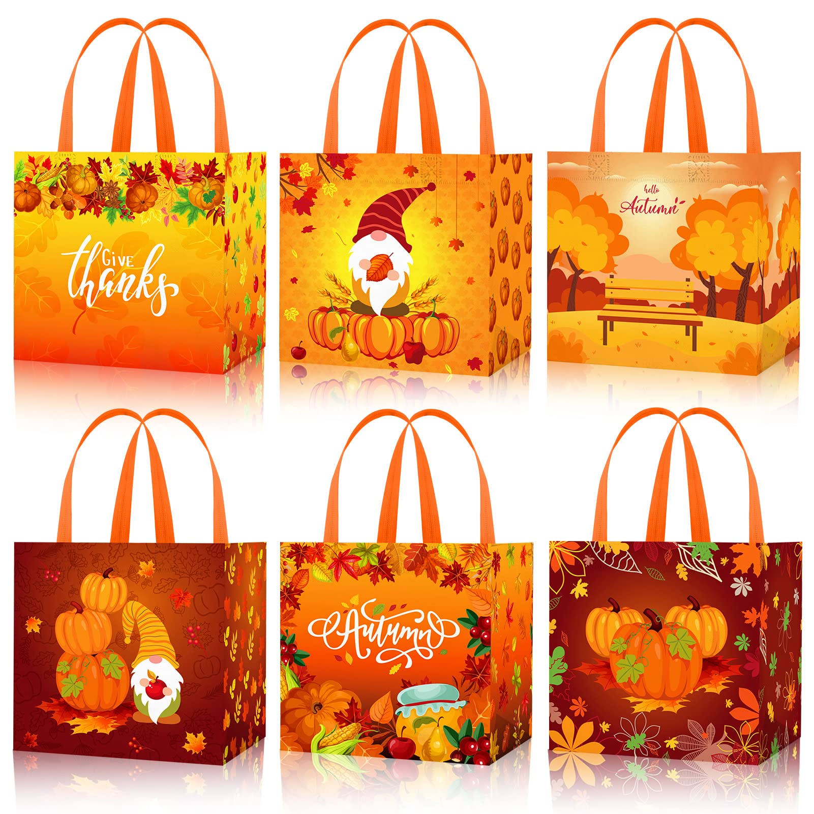 HOWAF 12Pcs Happy Thanksgiving Non-Woven Bags, Thanksgiving Party Favor Bags with Handle, Give Thanks Maple Leaves Pumpkin Treat Bags, Fall Themed Candy Goodie Bags for Thanksgiving Day Supplies