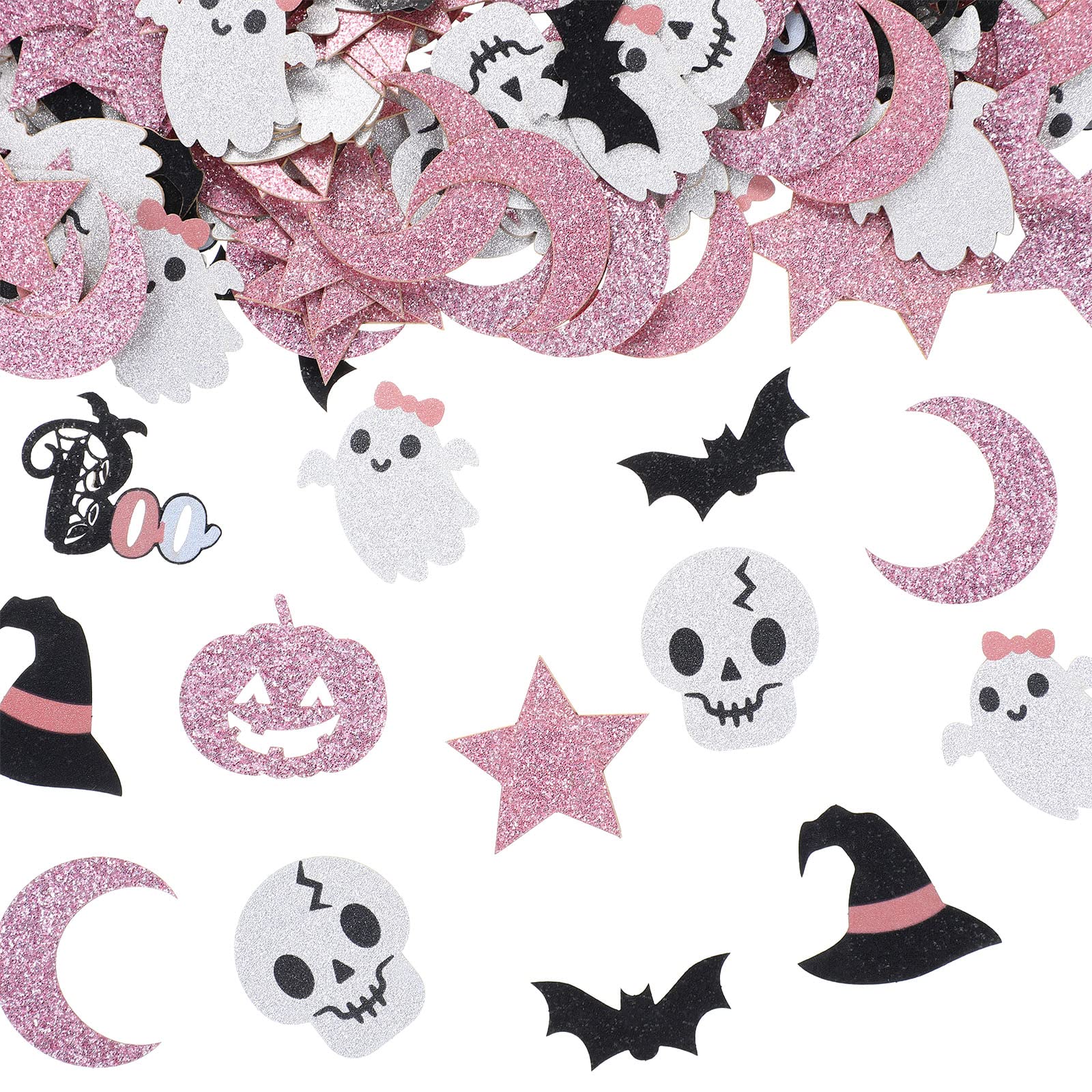 300 Pieces Halloween Confetti Halloween Party Table Scatter Confetti Glitter Halloween Confetti Boo Bat Ghost Pumpkin Witch Confetti for Baby Shower Birthday Table Decor Supplies (Pink)