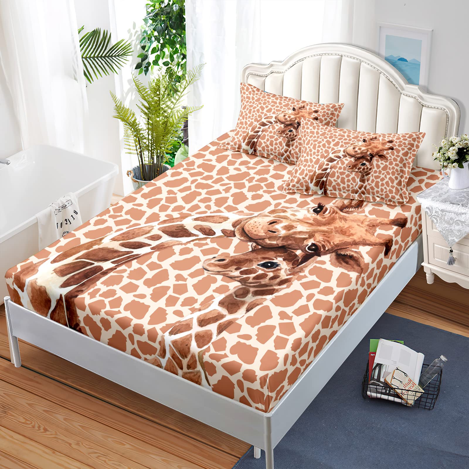 BailiPromise Cartoon Giraffe Geometric Sheets Set Full Size,Animal Print Kids Bed Sheets with Pillowcases,Bed Flat Sheet Fitted Sheet with 16" Deep Pocket, Microfiber Printed Bedding Sheets