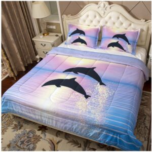 Blue and Purple Ocean Sunset Comforter Sets 3 Pieces Kids Twin Size Quilted Bedding 3D Dolphins Bed in a Bag for Boys Girls Animal Quilt Queen (034Comforter, Twin)