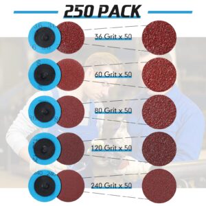 250 Pcs Mix Roll Lock Discs Set 36 60 80 120 240 Grit 2 Inch Sanding Discs Die Grinder Accessories Aluminum Oxide Surface Conditioning Discs for Surface Prep Polish Burr Paint Removal