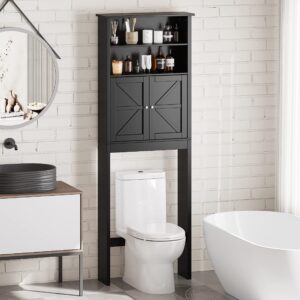 Reettic Tall Over The Toilet Storage with Two Doors, Free Standing Bathroom Space Saver with Inner Adjustable Shelf, Wooden Bathroom Cabinet Organizer Over Toilet, Black BMGZ151B