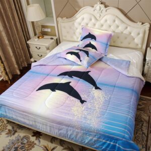 Blue and Purple Ocean Sunset Comforter Sets 3 Pieces Kids Twin Size Quilted Bedding 3D Dolphins Bed in a Bag for Boys Girls Animal Quilt Queen (034Comforter, Twin)