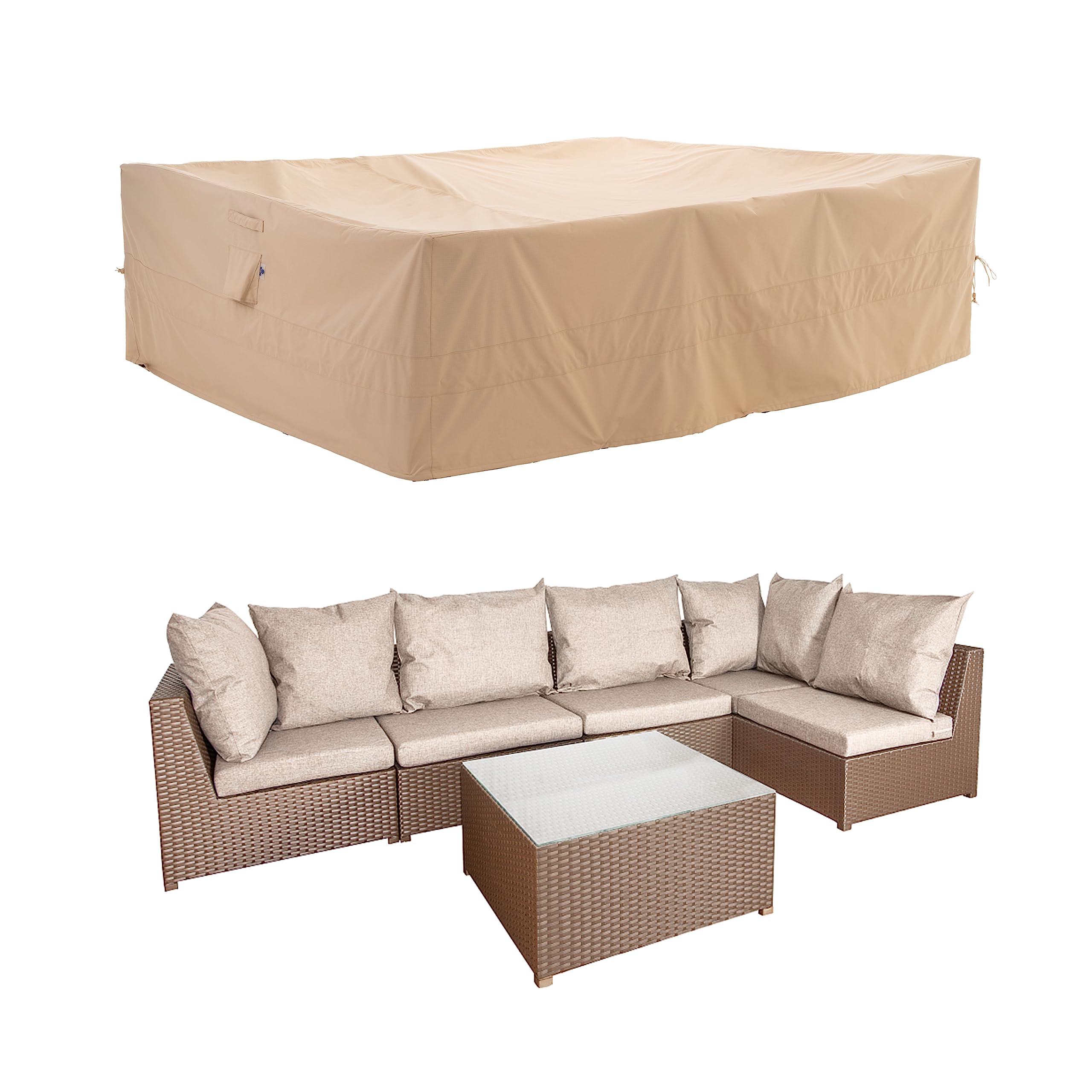 WJ-X3 Extra Large Patio Furniture Set Covers Waterproof, Outdoor Table Cover Heavy Duty, Lawn Sectional Set Cover Anti-fading, High Wind Resistant, Anti-UV, 180W x 96D x 36H Inches, Beige