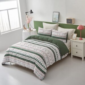 Cottolester Christmas Duvet Cover Queen Size Christmas Tree Snowflake Bedding Set Striped Duvet Cover Lightweight Soft Microfiber Bedding Set(Green,3PC)