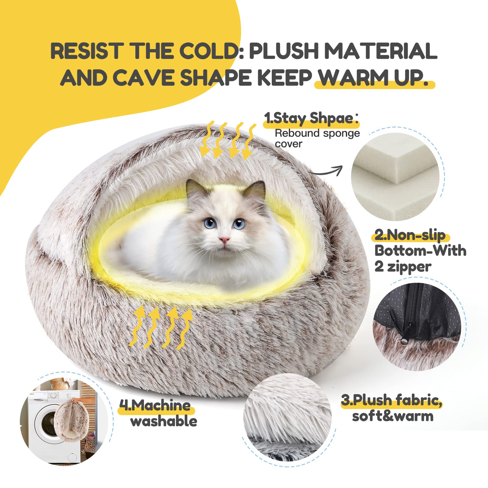 CATISM Cat Bed, Plush Hooded Cat Beds for Indoor Cats, Calming Cat Nest, Self Warming Cat Bed Cave, Cozy Cat Pod for Indoor Cat or Small Dog, Removable Washable Cat Cove with Non-Slip Bottom