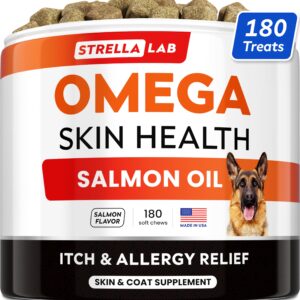 StrellaLab Omega 3 for Dogs - (180Ct) Fish Oil Treats - Allergy & Itch Relief Skin&Coat Supplement - Dry Itchy Skin, Shedding, Hot Spots Treatment, Anti Itch - Pet Salmon Oil Chews - Salmon Flavor