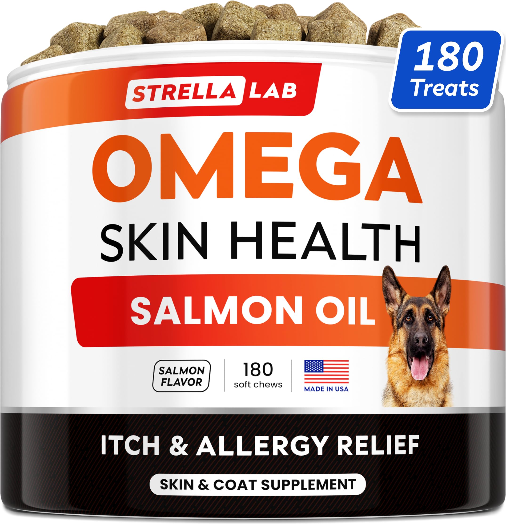 StrellaLab Omega 3 for Dogs - (180Ct) Fish Oil Treats - Allergy & Itch Relief Skin&Coat Supplement - Dry Itchy Skin, Shedding, Hot Spots Treatment, Anti Itch - Pet Salmon Oil Chews - Salmon Flavor