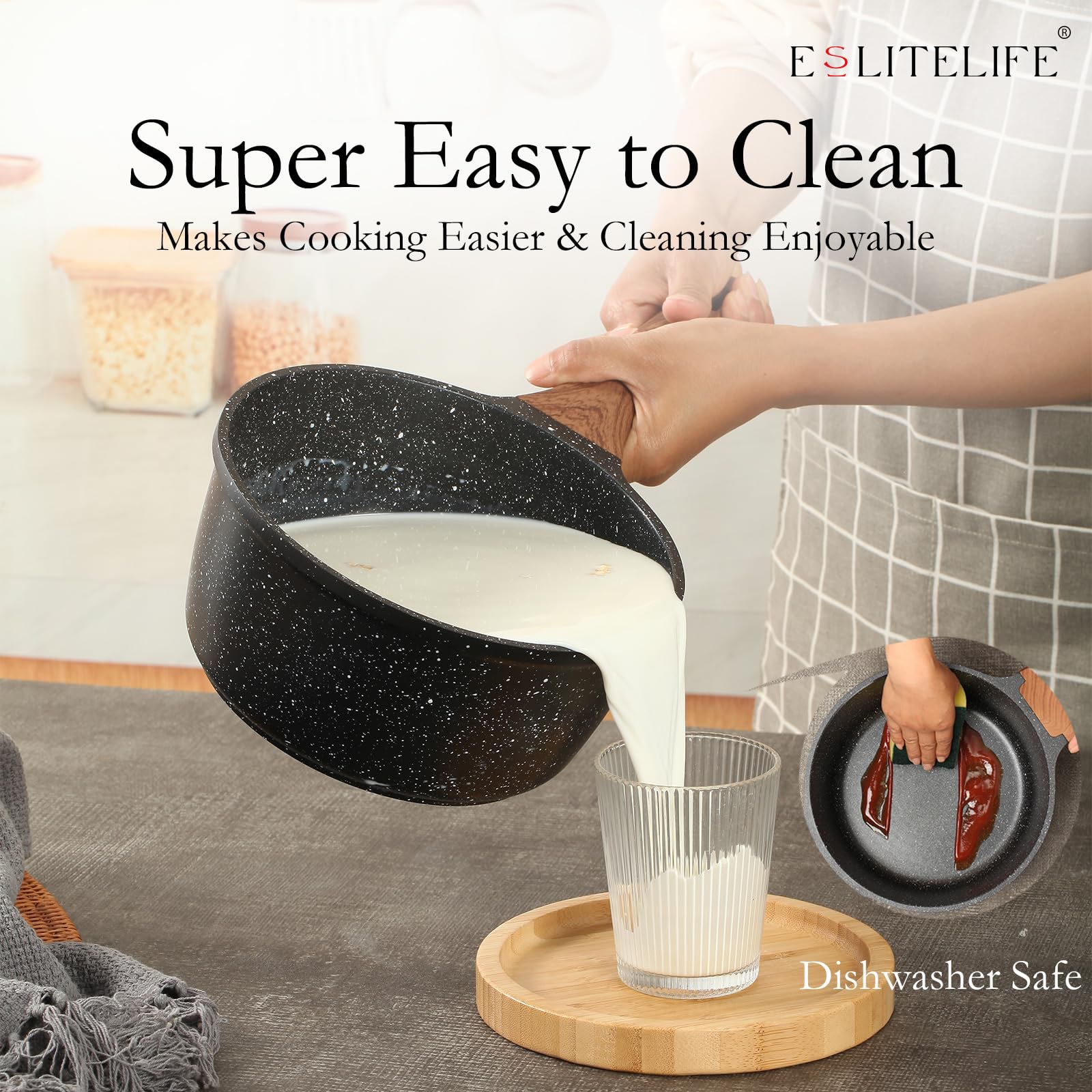 ESLITE LIFE 1.5 QT & 2.5 QT Sauce Pan Set with Lids, Nonstick Small Soup Pot Compatible with All Stovetops (Gas, Electric & Induction), PFOA Free, Black