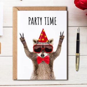 OystersPearl Party Time Birthday Card - Graduation Card Promotion Card Congratulations Portrait Of A Funny Raccoon - Birthday Greeting Card., 5 x 7 inches