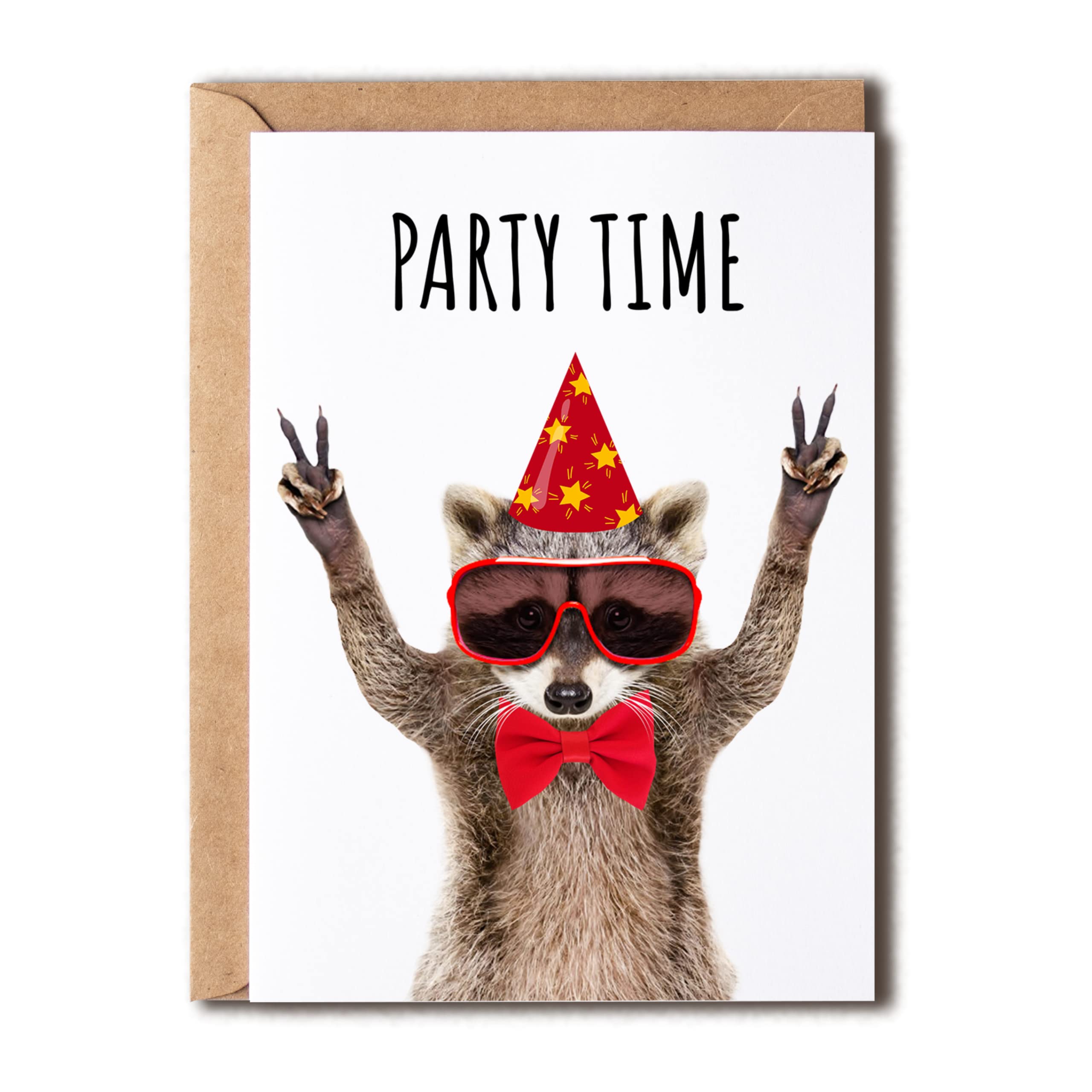 OystersPearl Party Time Birthday Card - Graduation Card Promotion Card Congratulations Portrait Of A Funny Raccoon - Birthday Greeting Card., 5 x 7 inches