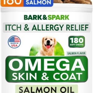 BARK&SPARK Omega 3 for Dogs - 180 Fish Oil Treats for Dog Shedding, Skin Allergy, Itch Relief, Hot Spots Treatment - Joint Health - Skin and Coat Supplement - EPA & DHA Fatty Acids - Salmon Oil