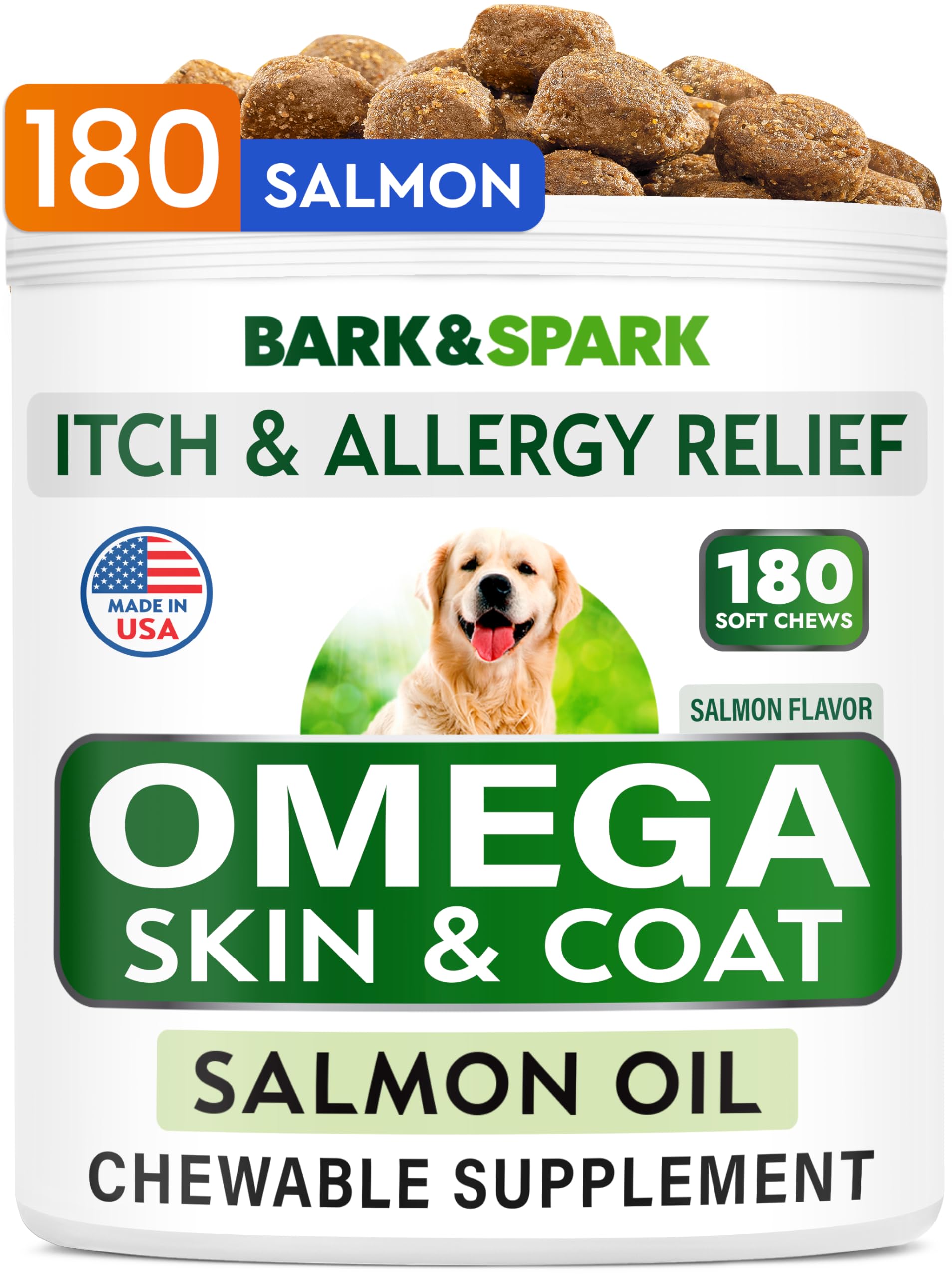 BARK&SPARK Omega 3 for Dogs - 180 Fish Oil Treats for Dog Shedding, Skin Allergy, Itch Relief, Hot Spots Treatment - Joint Health - Skin and Coat Supplement - EPA & DHA Fatty Acids - Salmon Oil