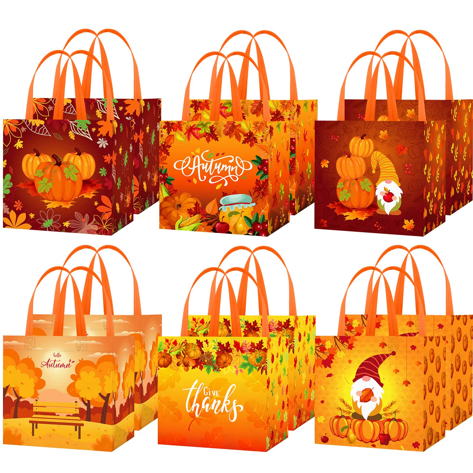 HOWAF 12Pcs Happy Thanksgiving Non-Woven Bags, Thanksgiving Party Favor Bags with Handle, Give Thanks Maple Leaves Pumpkin Treat Bags, Fall Themed Candy Goodie Bags for Thanksgiving Day Supplies