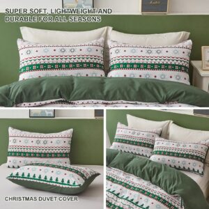 Cottolester Christmas Duvet Cover Queen Size Christmas Tree Snowflake Bedding Set Striped Duvet Cover Lightweight Soft Microfiber Bedding Set(Green,3PC)