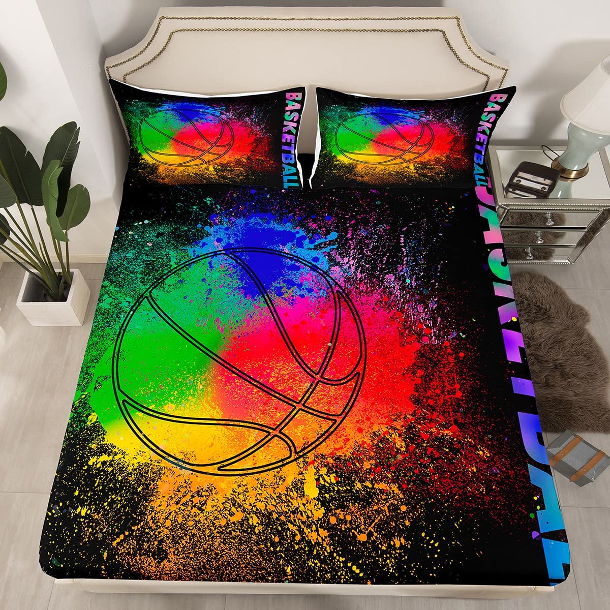 Basketball Sheet Set Twin,Blue Red Green Tie Dyed Bed Sheets for Kids Boys Teens,Grunge Neon Sports Bedding Set,Neon Ball Game Fitted Sheet Deep Pocket + Flat Sheet + 1 Pillowcase Bedroom Decor