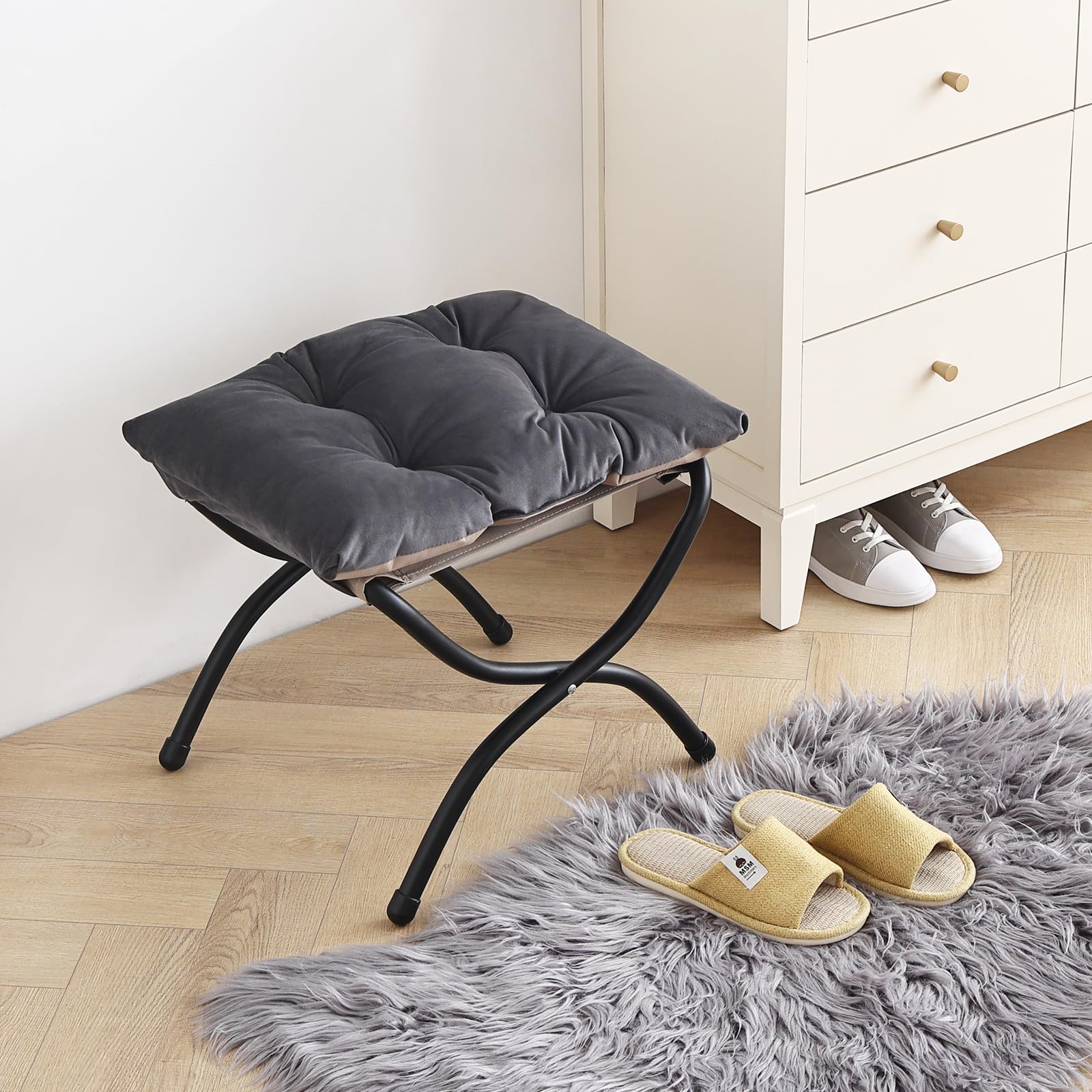 LITA Folding Upholstered Footrest Stool, Modern Small Portable Accent Ottoman with Detachable Thick Cotton Cushion Padded Sofa Stool with Metal Frame for Lazy Chair, Living Room & Bedroom, Smoky Grey