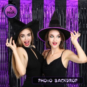 LYUBASA 3 Pack Halloween Party Decorations,Black and Purple Tinsel Foil Fringe Curtains,Halloween Theme Photo Booth Prop Streamer Backdrop Decor Indoor Outdoor Party Supplies for Birthday Anniversary