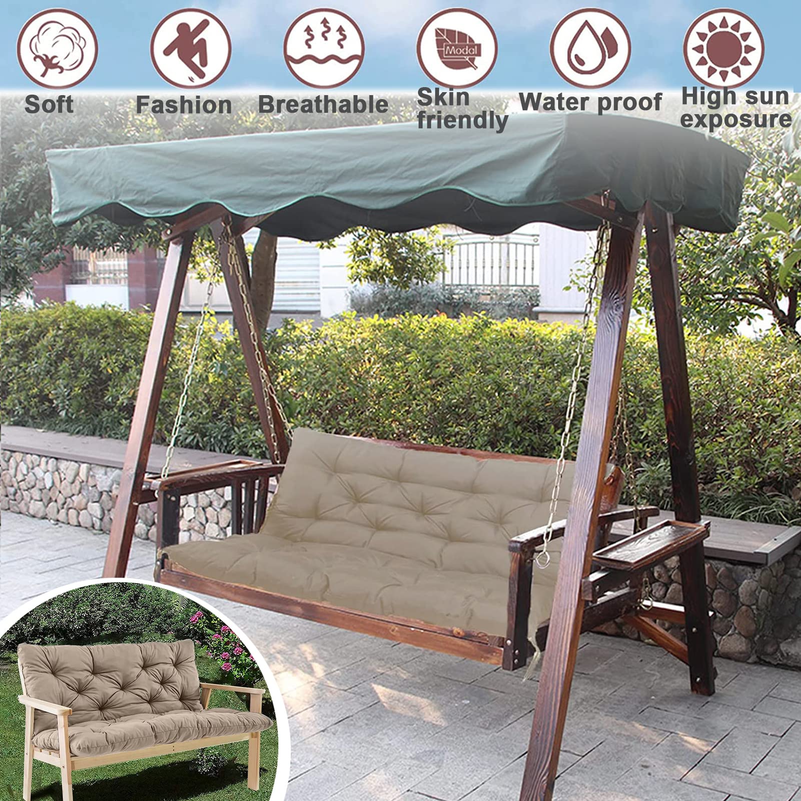 Replacement Cushions for Outdoor Swing, Waterproof Bench Cushions with Backrest Outdoor Furniture 2-3 Seater Washable Swing Replacement Cushions for Garden Patio loveseat Pad(Khaki 40x47 inch)