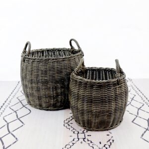 set of 2 catleza 13-inch and 16.5-inch stackable hand woven wicker storage and laundry basket with handles - espresso